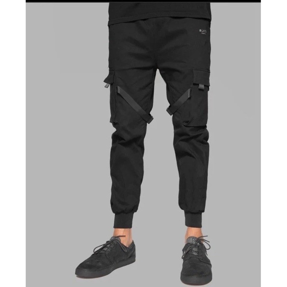 BLVCK Paris Tokyo‎ Black Joggers Buckle Pants  Size L Streetwear Weekend Crop